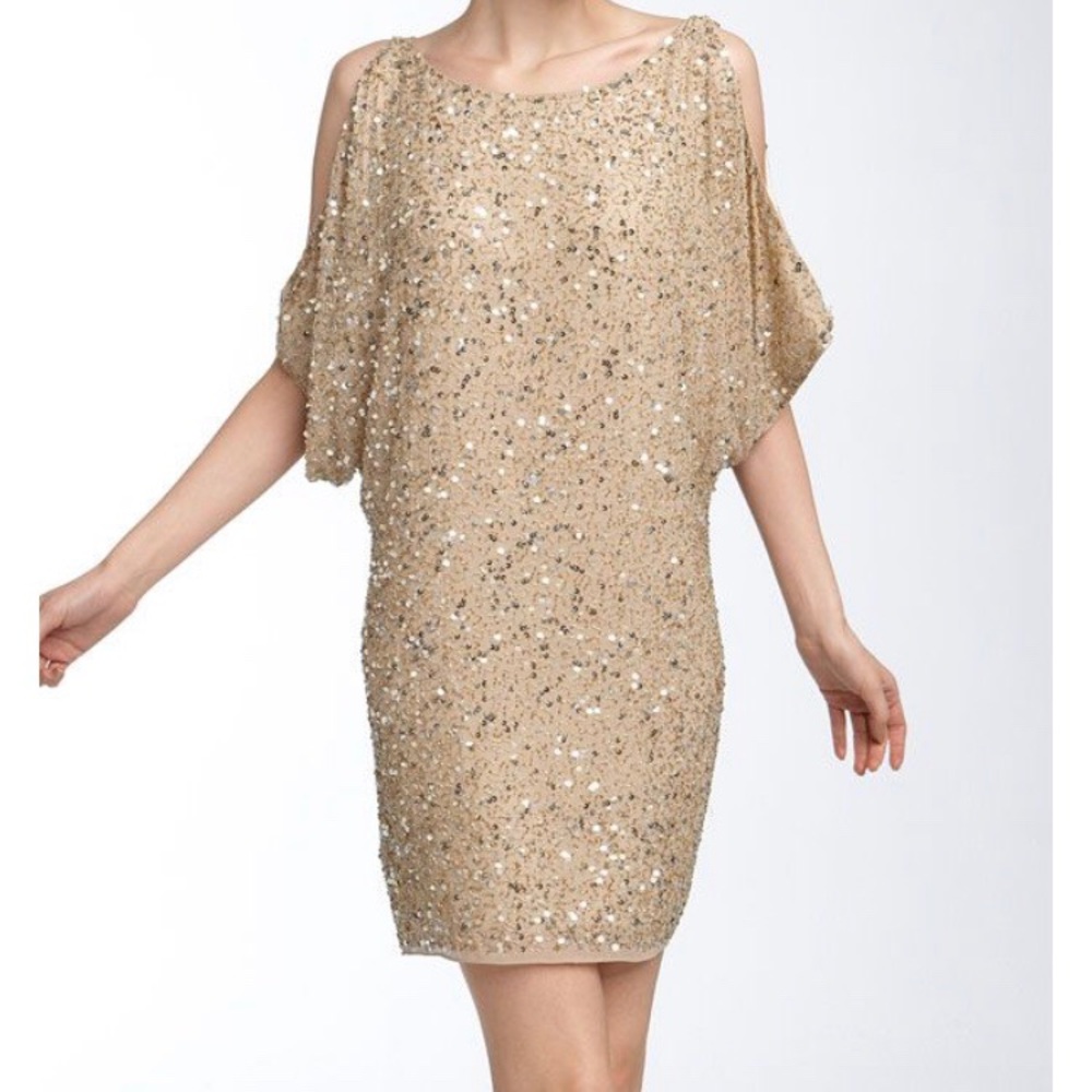 Aidan Mattox Gold Sequin Cold Shoulder Dress